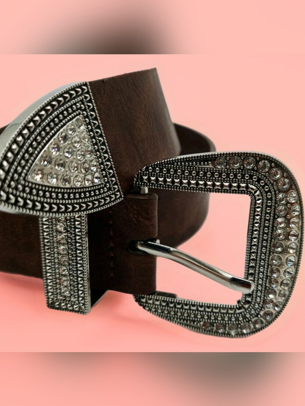 Brown Leather Western Rhinestone Belt - Silver Buckle - 3x - NWOT
